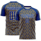 Custom Royal Old Gold-White Geometric Arrow Sublimation Soccer Uniform Jersey