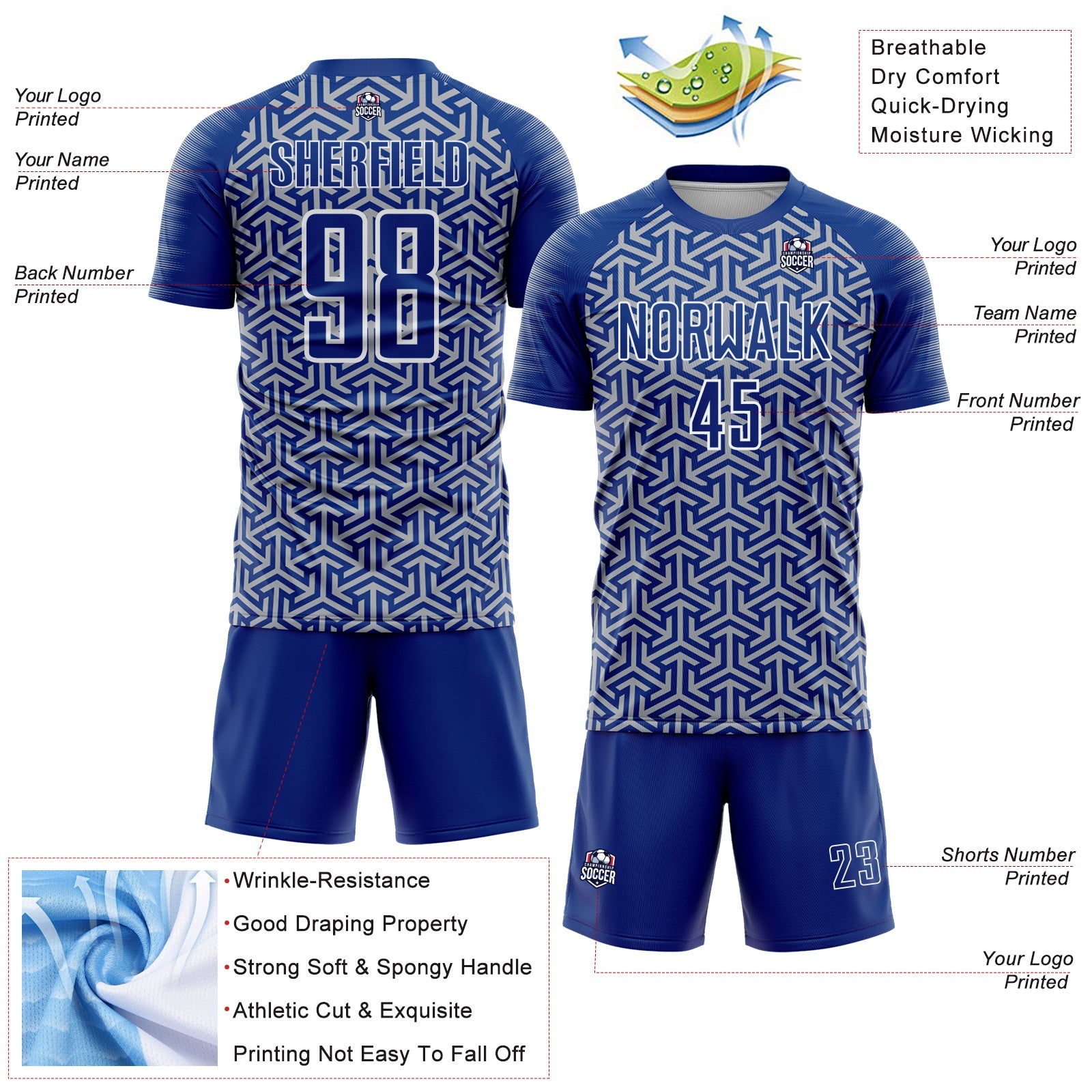 Custom Royal Gray-White Geometric Arrow Sublimation Soccer Uniform Jersey