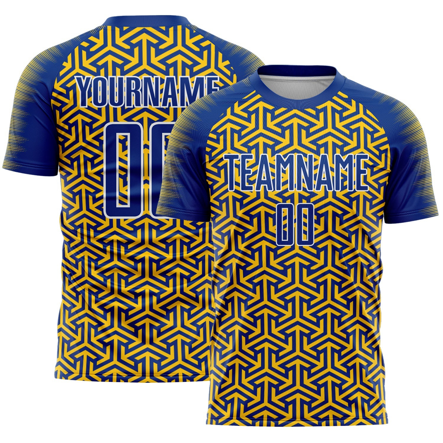 Custom Royal Yellow-White Geometric Arrow Sublimation Soccer Uniform Jersey