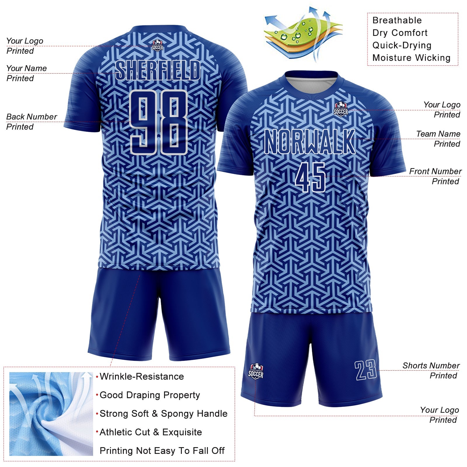 Custom Royal Light Blue-White Geometric Arrow Sublimation Soccer Uniform Jersey