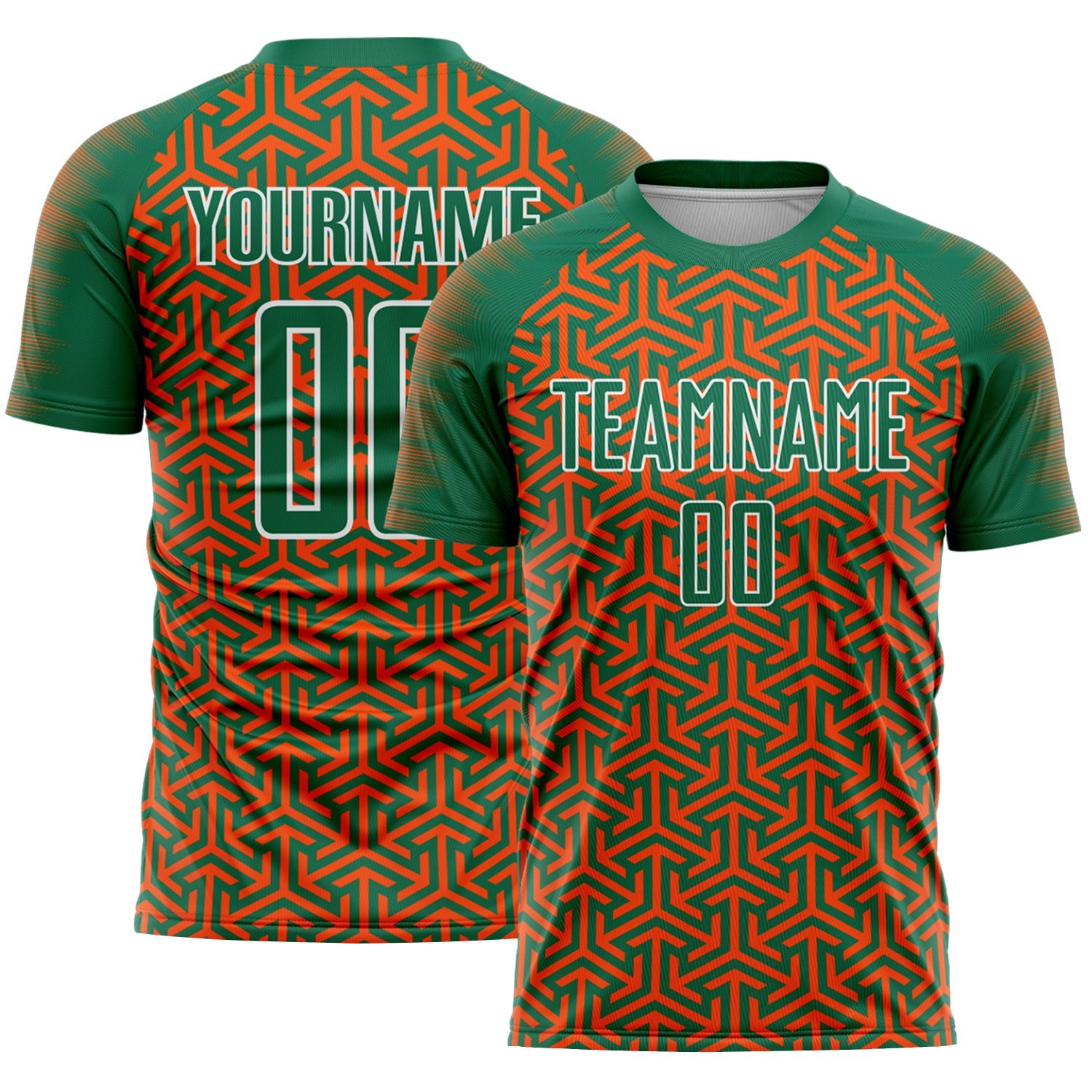 Custom Kelly Green Orange-White Geometric Arrow Sublimation Soccer Uniform Jersey