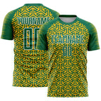 Custom Kelly Green Gold-White Geometric Arrow Sublimation Soccer Uniform Jersey
