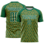 Custom Kelly Green Old Gold-White Geometric Arrow Sublimation Soccer Uniform Jersey