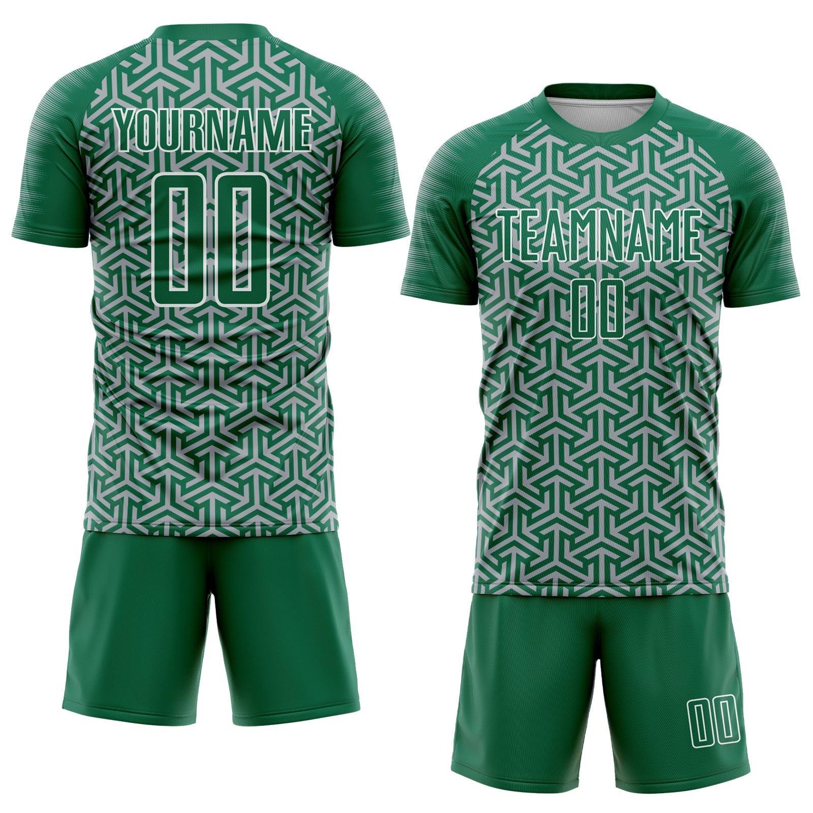 Custom Kelly Green Gray-White Geometric Arrow Sublimation Soccer Uniform Jersey
