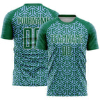 Custom Kelly Green Light Blue-White Geometric Arrow Sublimation Soccer Uniform Jersey
