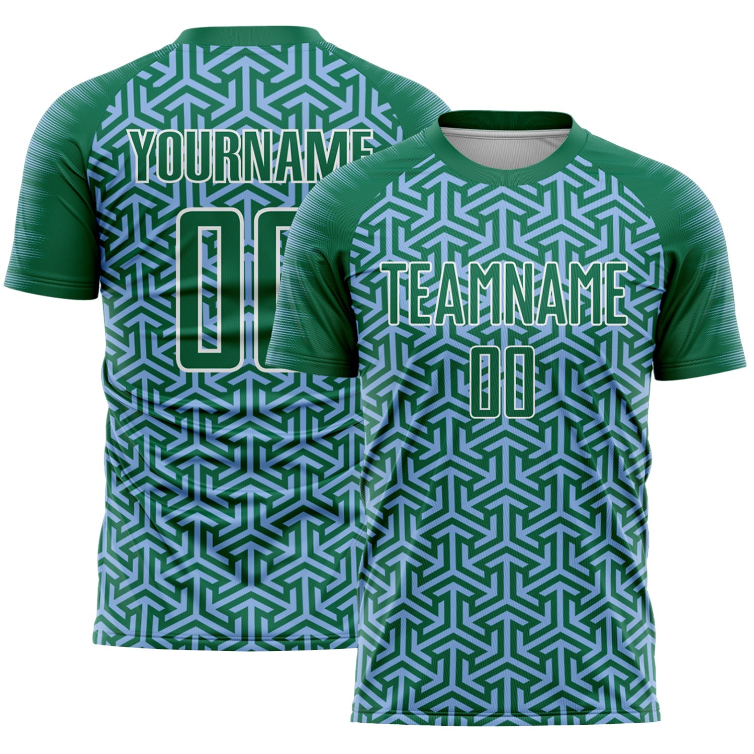 Custom Kelly Green Light Blue-White Geometric Arrow Sublimation Soccer Uniform Jersey