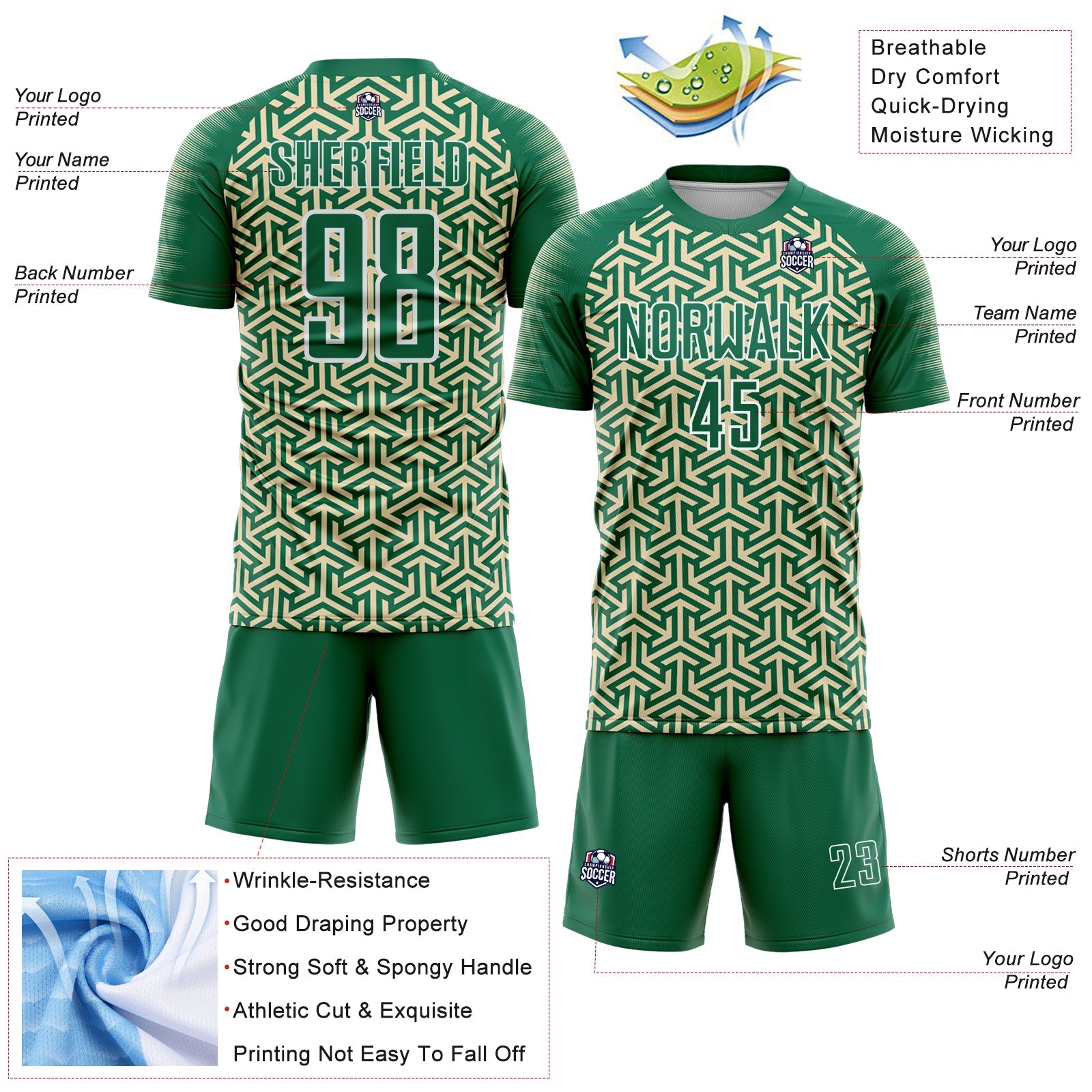 Custom Kelly Green Cream-White Geometric Arrow Sublimation Soccer Uniform Jersey