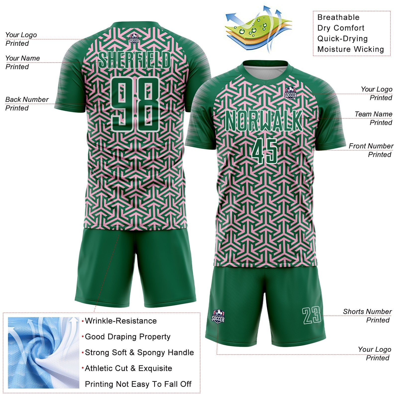 Custom Kelly Green Light Pink-White Geometric Arrow Sublimation Soccer Uniform Jersey