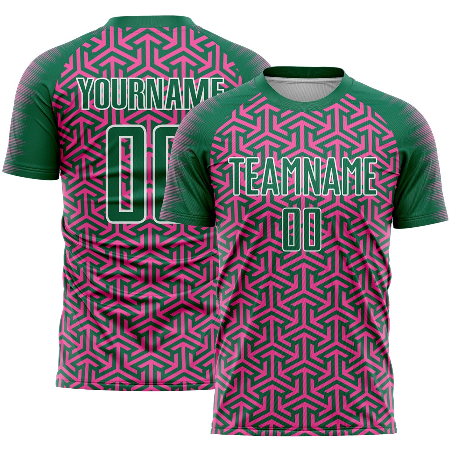 Custom Kelly Green Pink-White Geometric Arrow Sublimation Soccer Uniform Jersey
