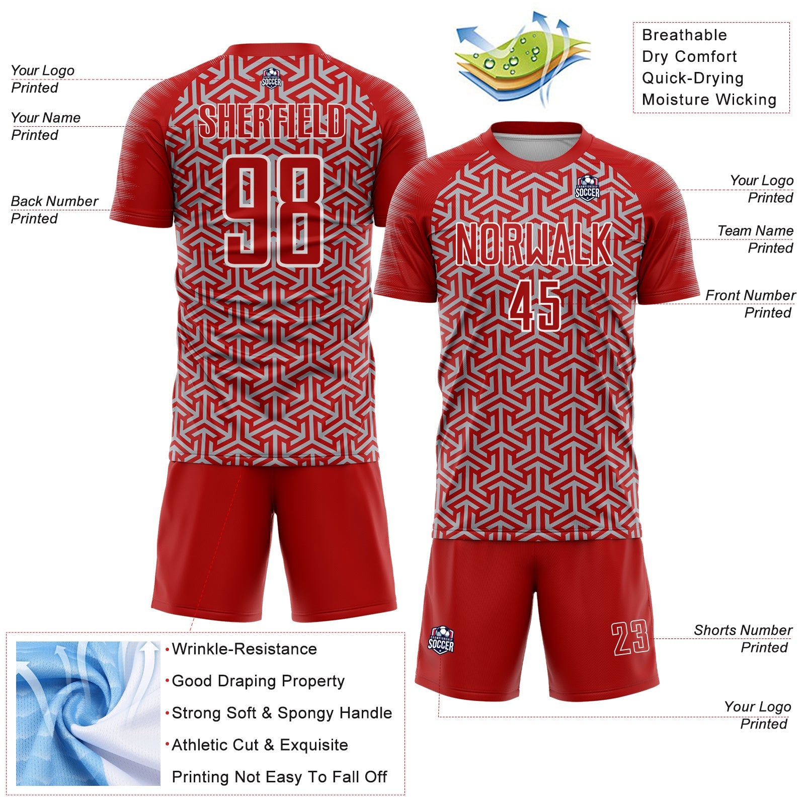 Custom Red Gray-White Geometric Arrow Sublimation Soccer Uniform Jersey