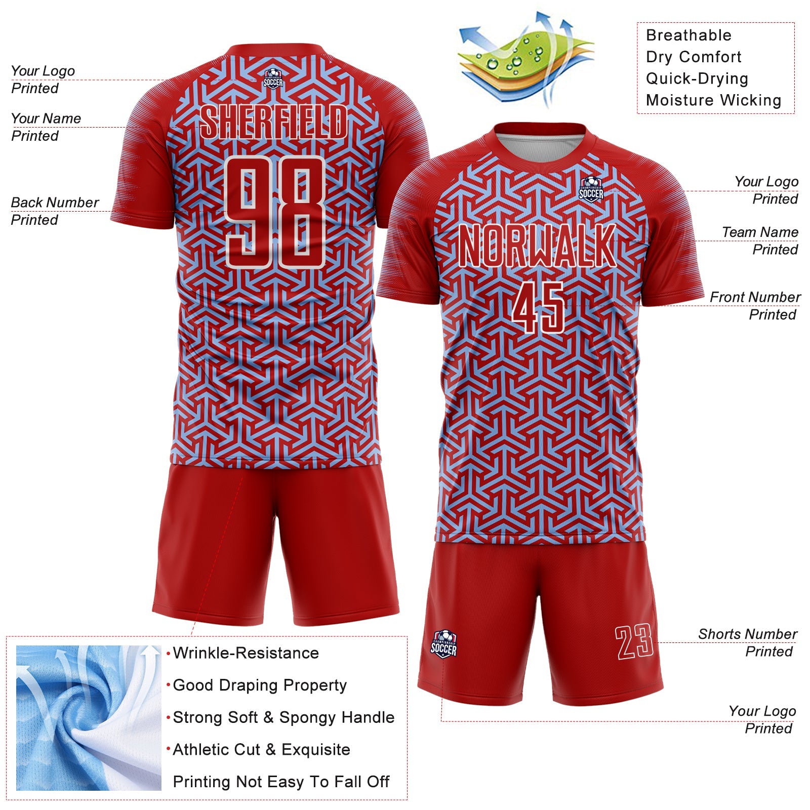 Custom Red Light Blue-White Geometric Arrow Sublimation Soccer Uniform Jersey