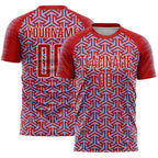 Custom Red Light Blue-White Geometric Arrow Sublimation Soccer Uniform Jersey