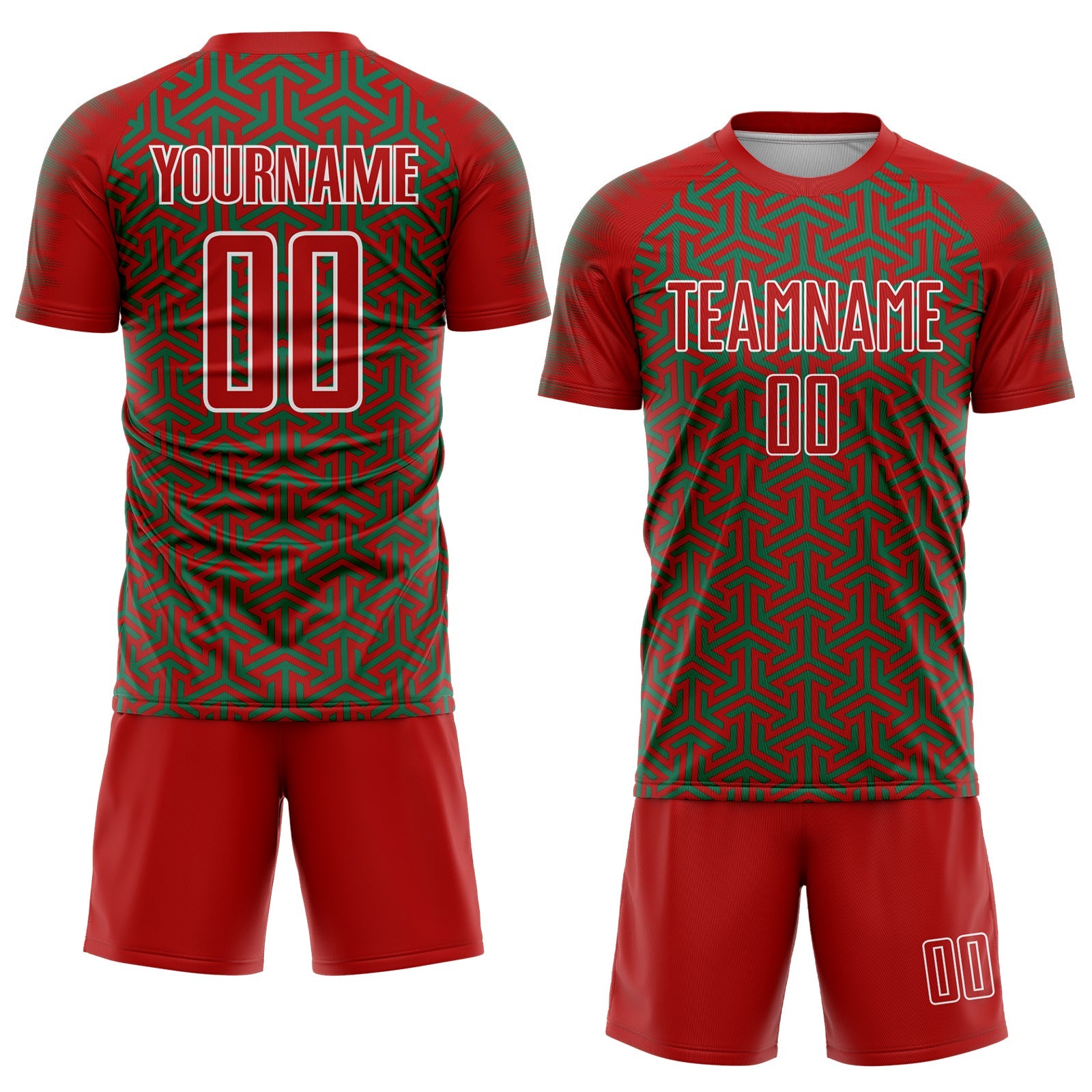 Custom Red Kelly Green-White Geometric Arrow Sublimation Soccer Uniform Jersey