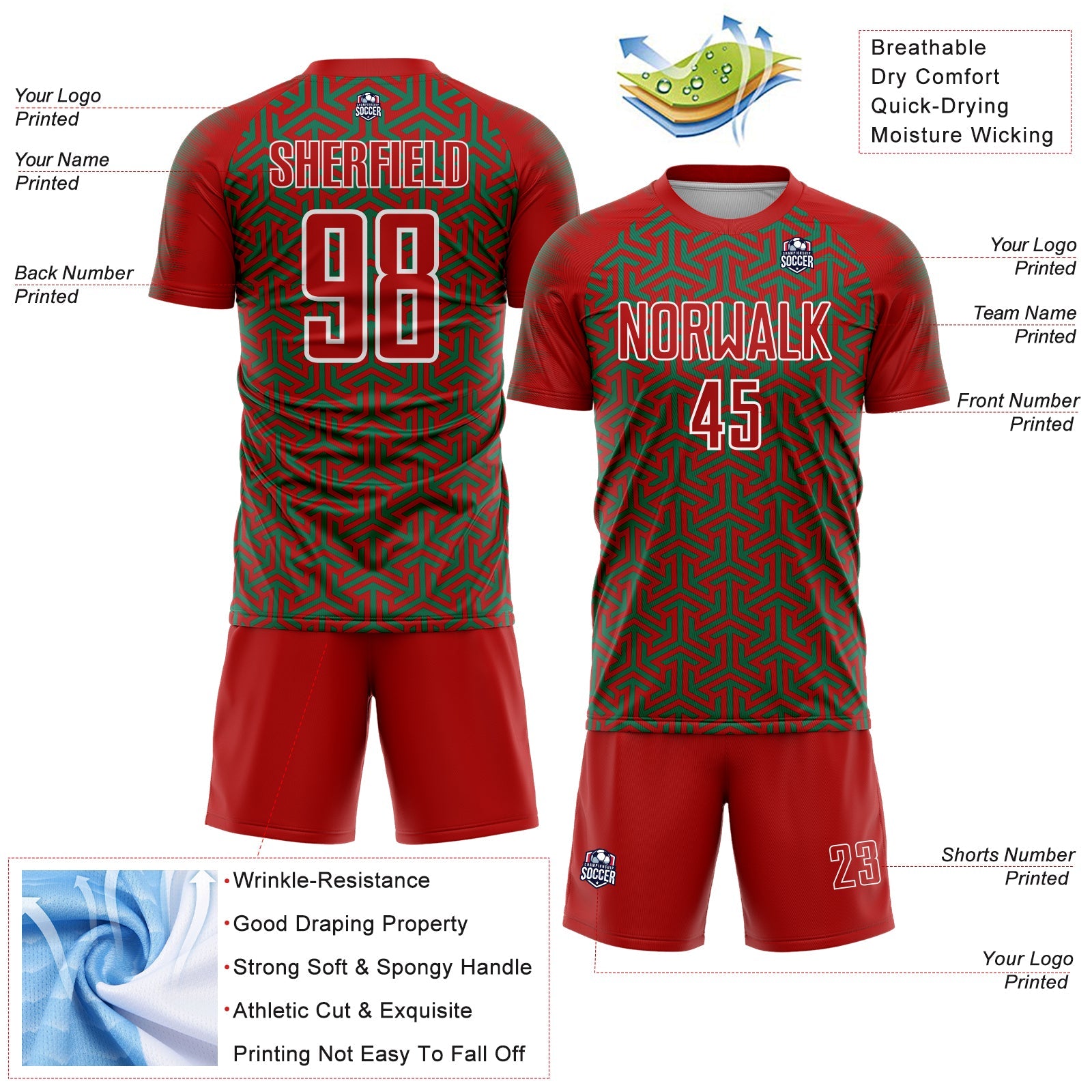 Custom Red Kelly Green-White Geometric Arrow Sublimation Soccer Uniform Jersey