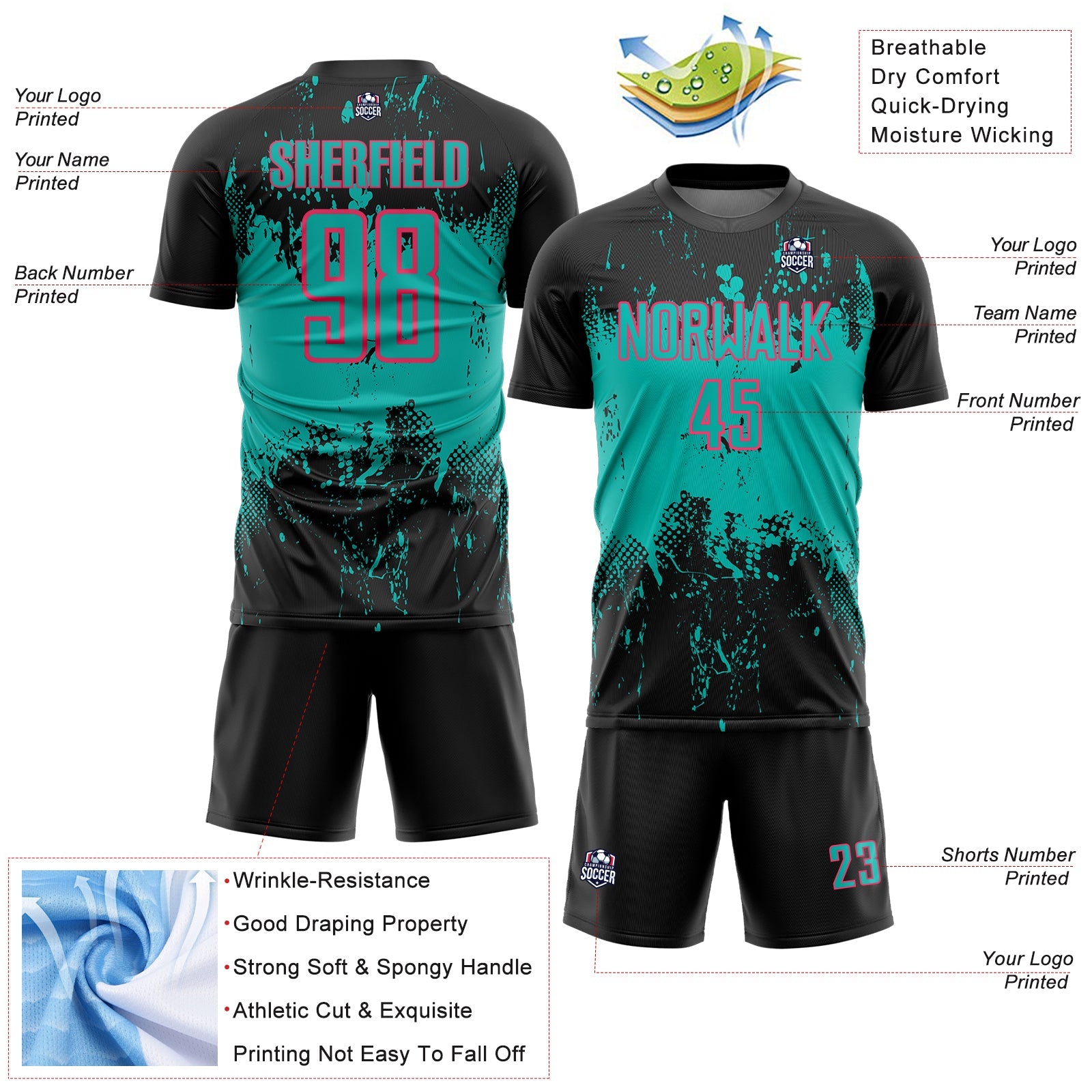 Custom Black Aqua-Neon Pink Abstract Splatter Grunge Art Sports Sublimation Soccer Uniform Jersey