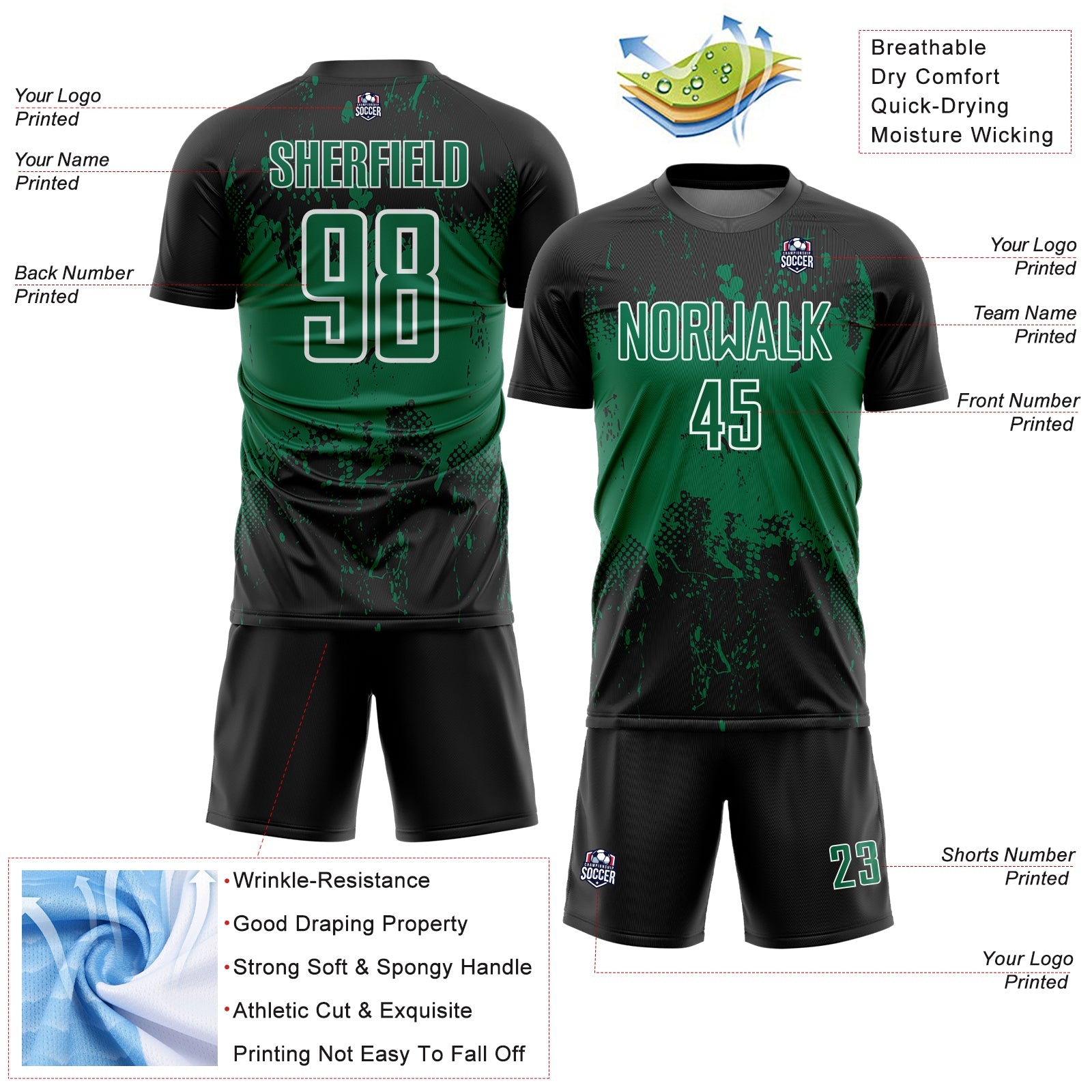 Custom Black Kelly Green-White Abstract Splatter Grunge Art Sports Sublimation Soccer Uniform Jersey