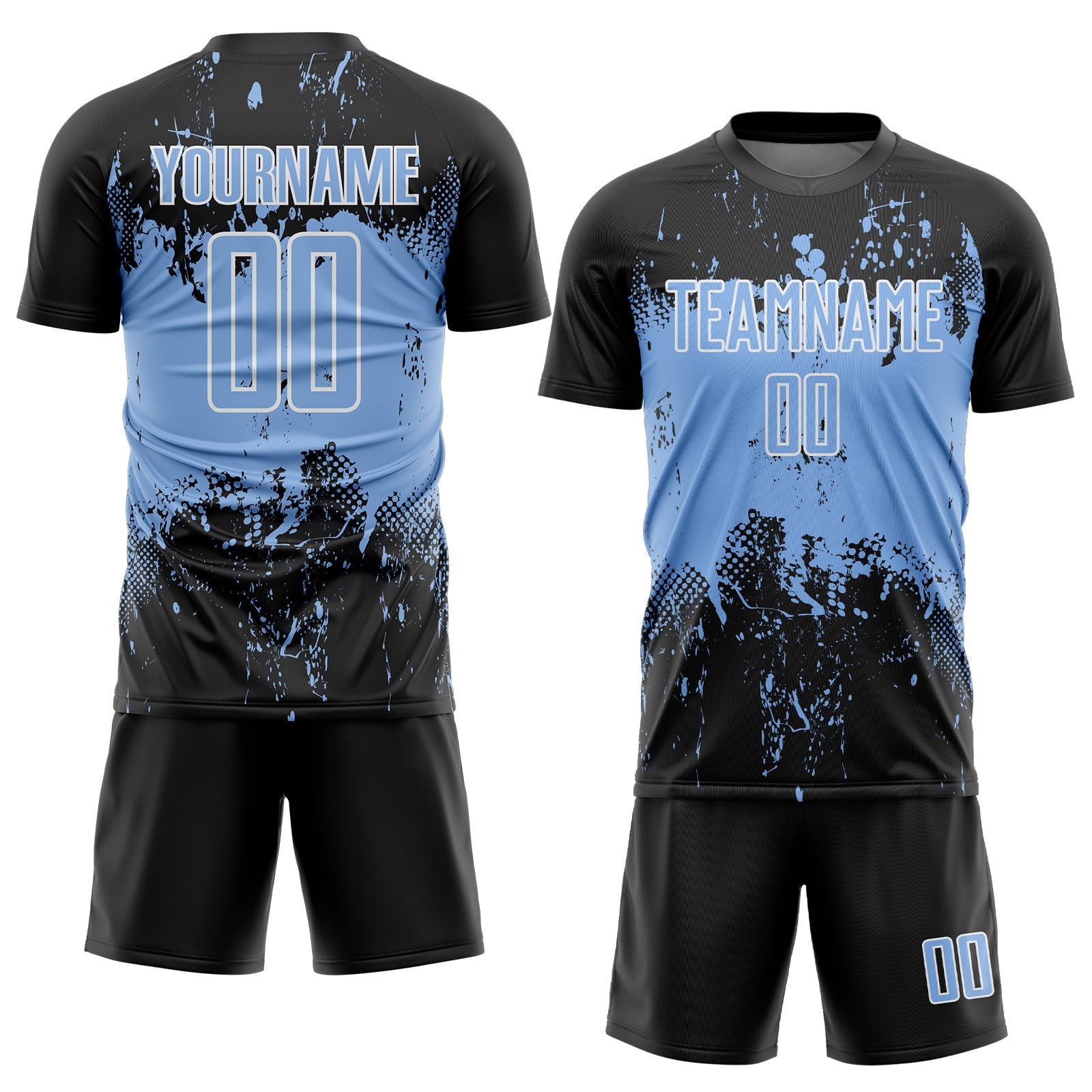 Custom Black Light Blue-White Abstract Splatter Grunge Art Sports Sublimation Soccer Uniform Jersey