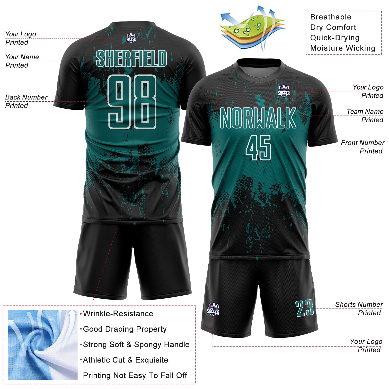 Custom Black Teal-White Abstract Splatter Grunge Art Sports Sublimation Soccer Uniform Jersey