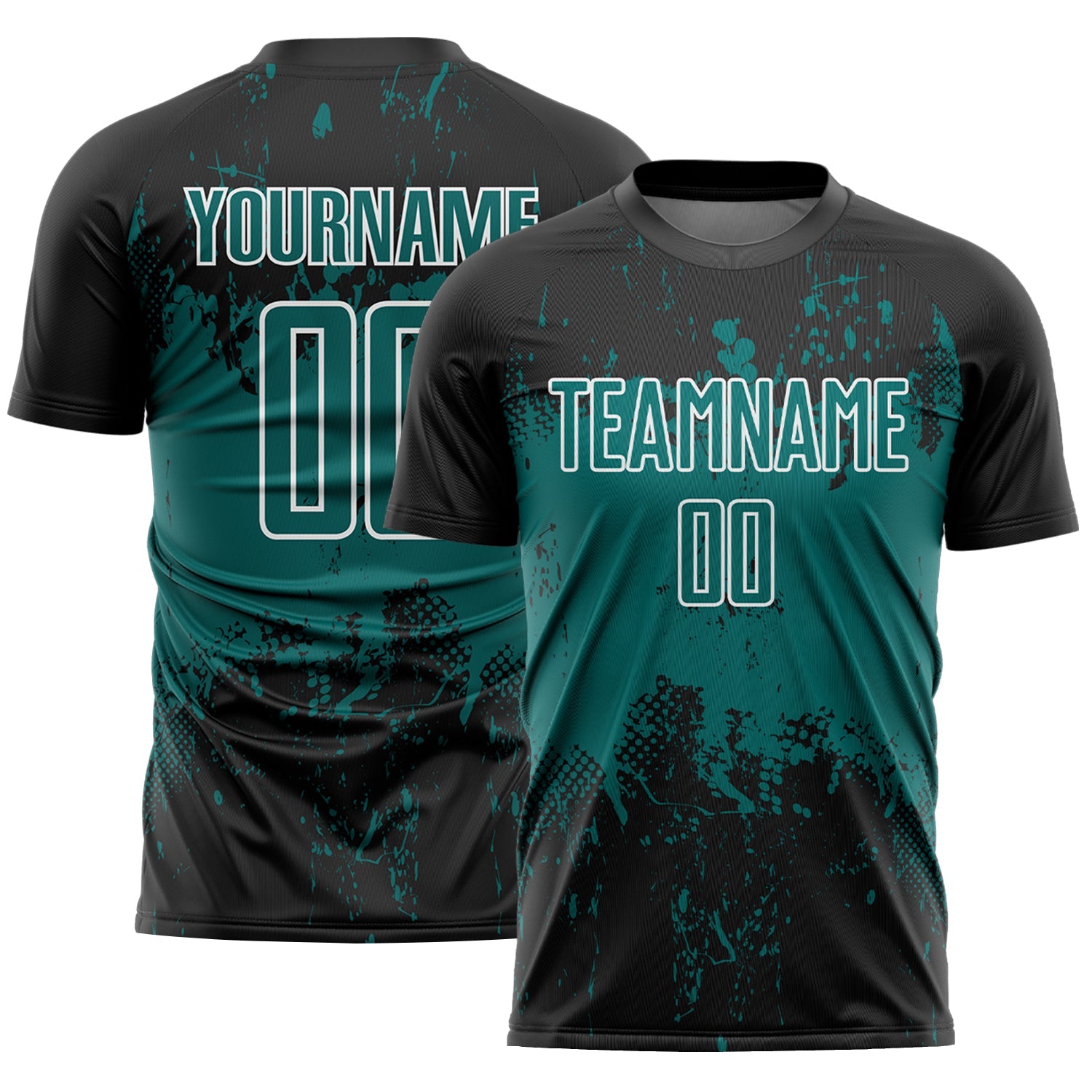 Custom Black Teal-White Abstract Splatter Grunge Art Sports Sublimation Soccer Uniform Jersey