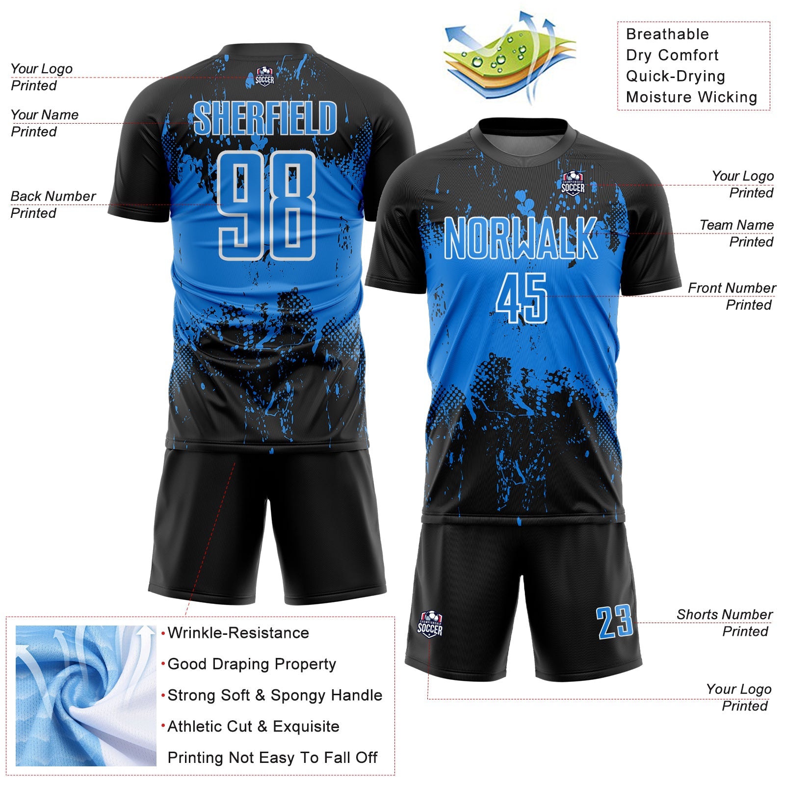 Custom Black Powder Blue-White Abstract Splatter Grunge Art Sports Sublimation Soccer Uniform Jersey