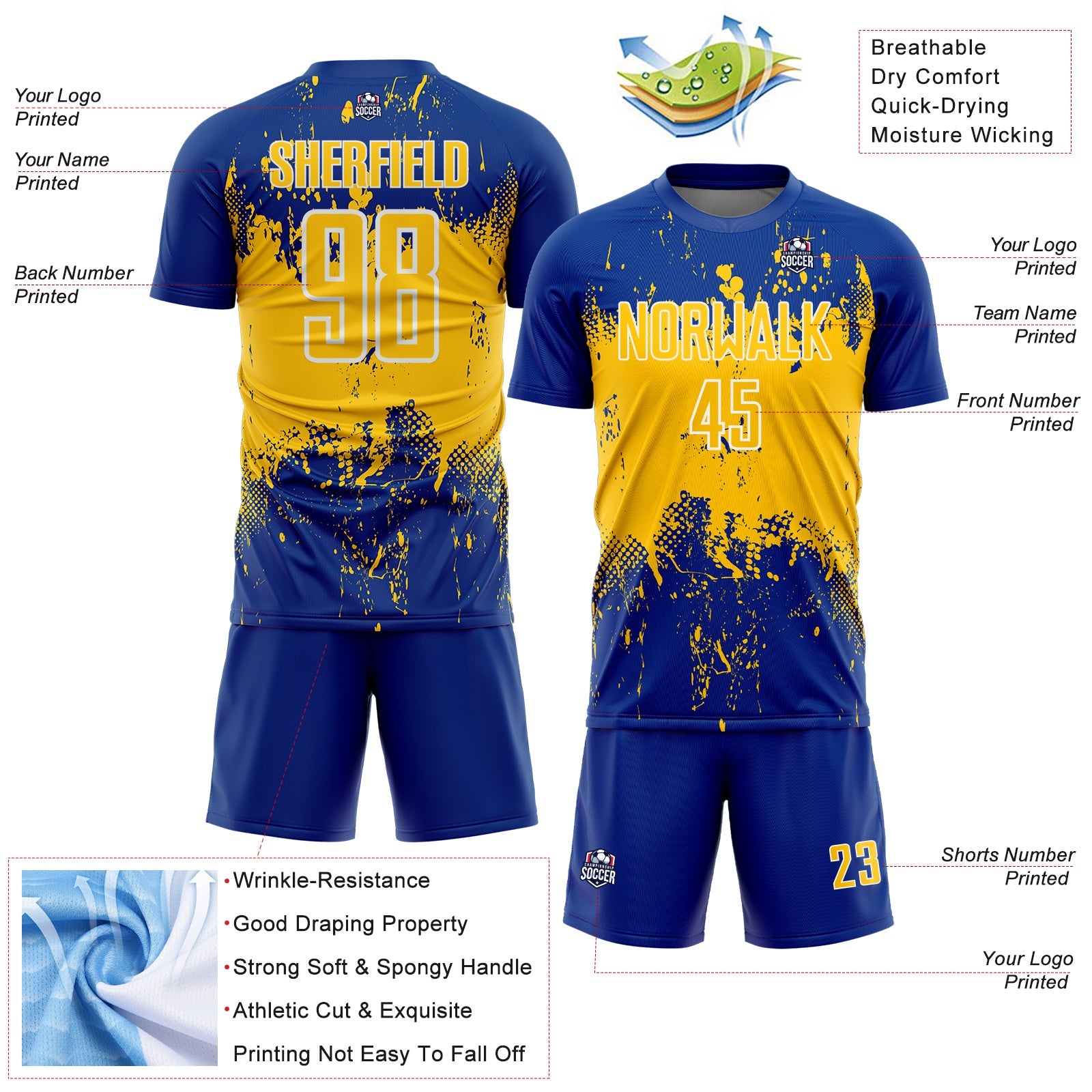 Custom Royal Yellow-White Abstract Splatter Grunge Art Sports Sublimation Soccer Uniform Jersey