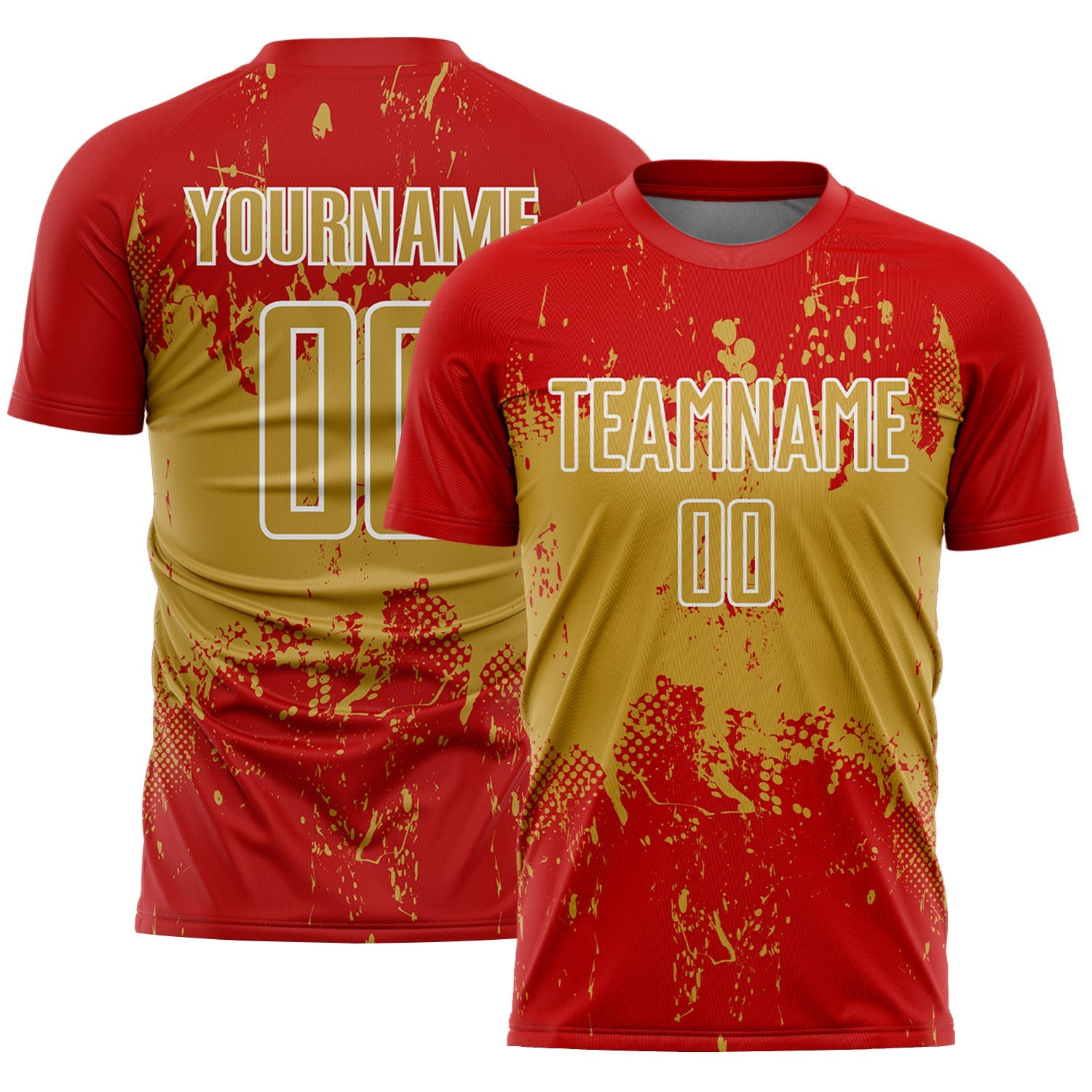 Custom Red Old Gold-White Abstract Splatter Grunge Art Sports Sublimation Soccer Uniform Jersey