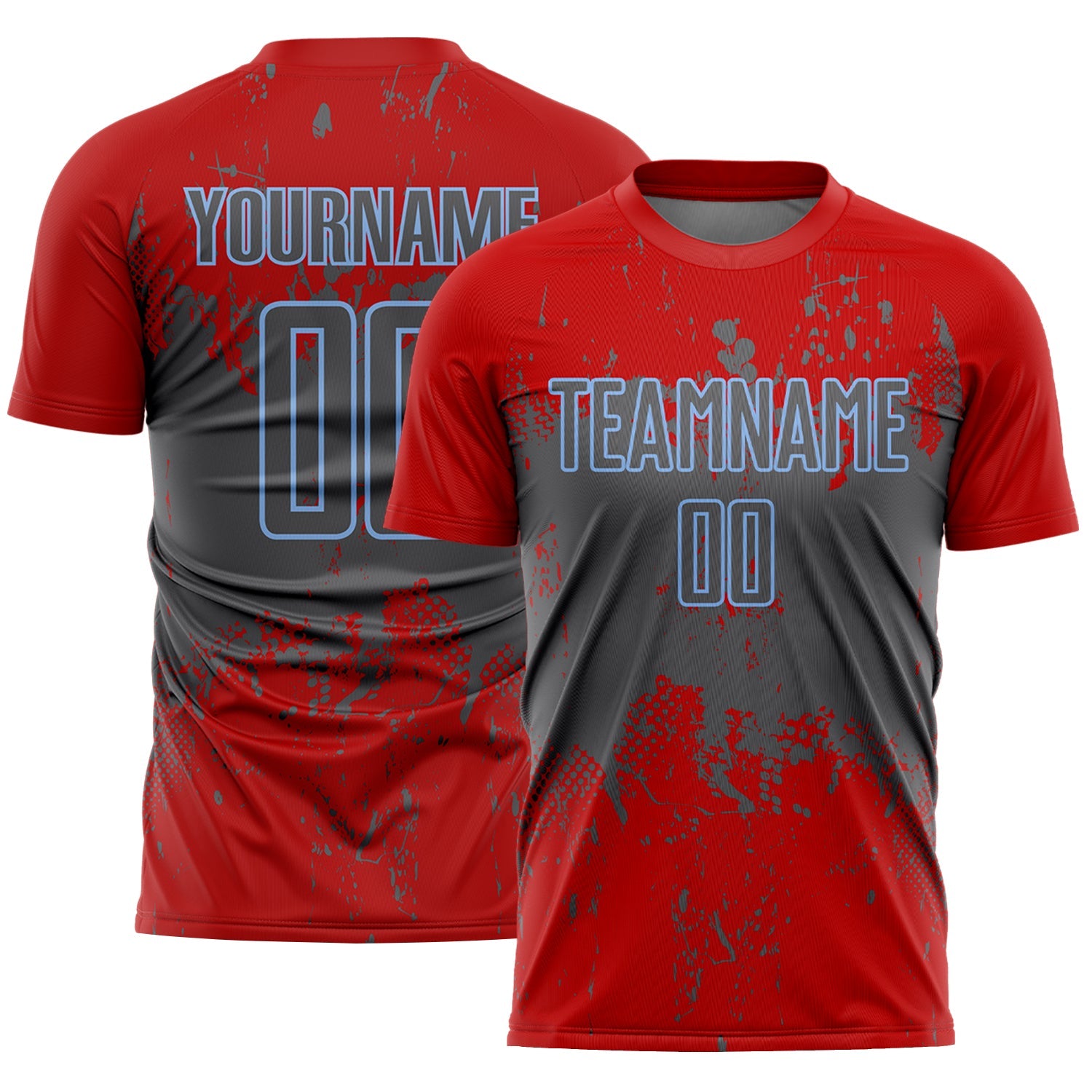Custom Red Steel Gray-Light Blue Abstract Splatter Grunge Art Sports Sublimation Soccer Uniform Jersey