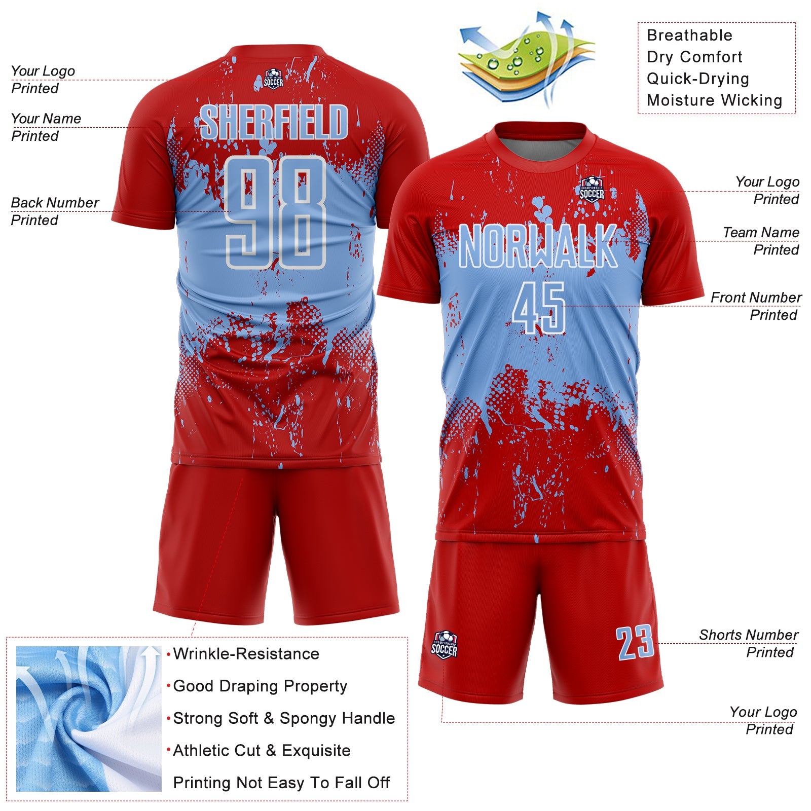 Custom Red Light Blue-White Abstract Splatter Grunge Art Sports Sublimation Soccer Uniform Jersey