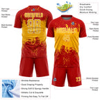 Custom Red Gold-White Abstract Splatter Grunge Art Sports Sublimation Soccer Uniform Jersey