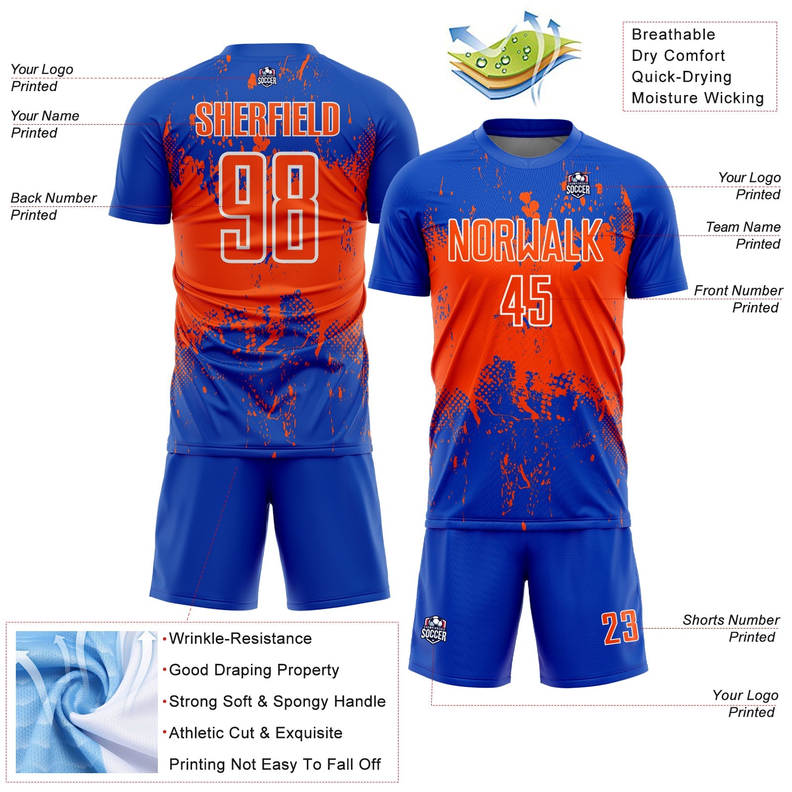 Custom Thunder Blue Orange-White Abstract Splatter Grunge Art Sports Sublimation Soccer Uniform Jersey