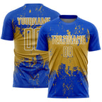 Custom Thunder Blue Old Gold-White Abstract Splatter Grunge Art Sports Sublimation Soccer Uniform Jersey