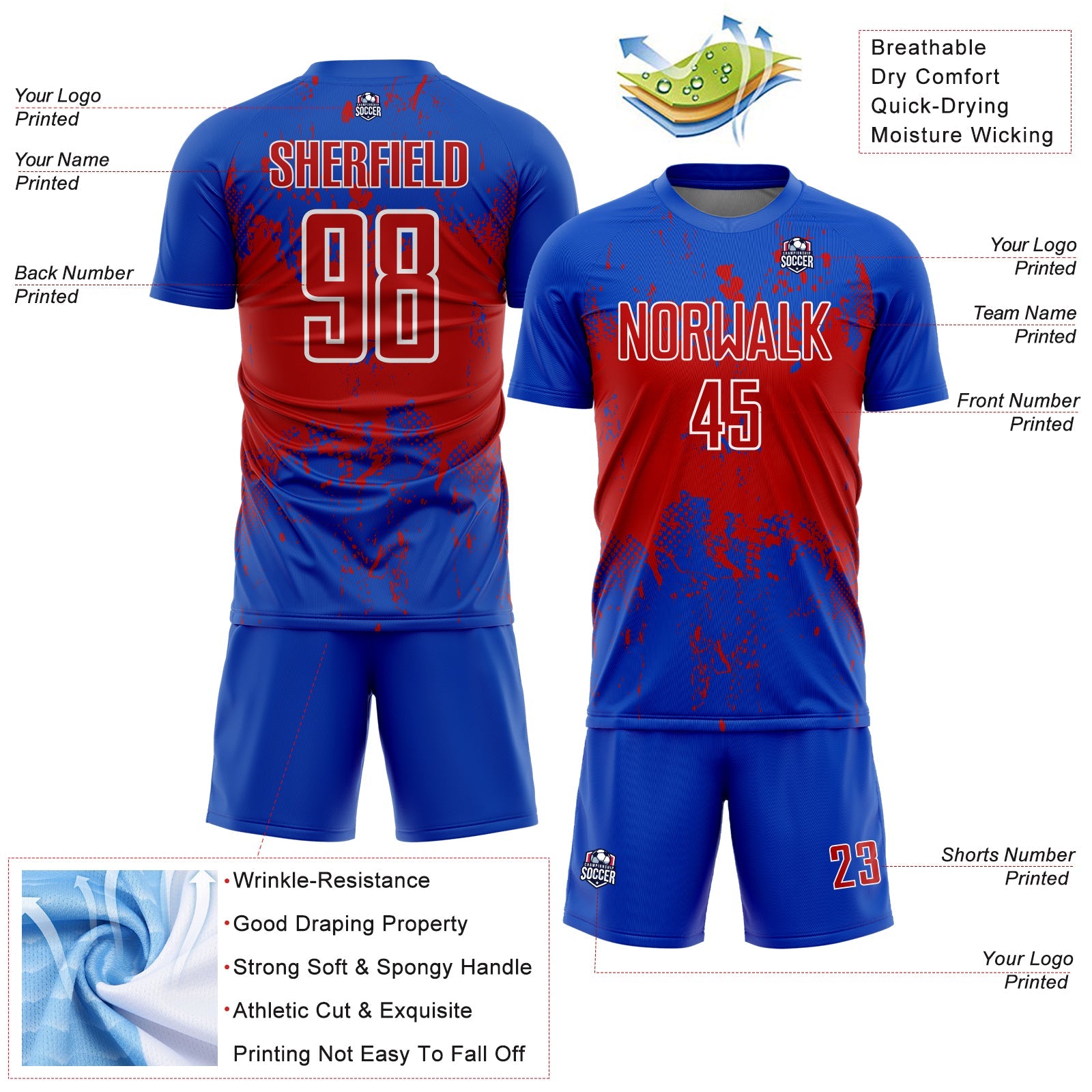 Custom Thunder Blue Red-White Abstract Splatter Grunge Art Sports Sublimation Soccer Uniform Jersey
