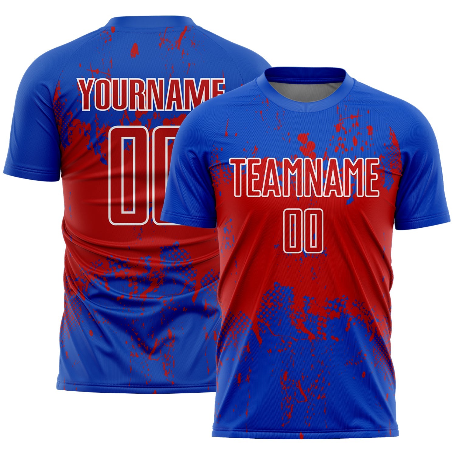 Custom Thunder Blue Red-White Abstract Splatter Grunge Art Sports Sublimation Soccer Uniform Jersey