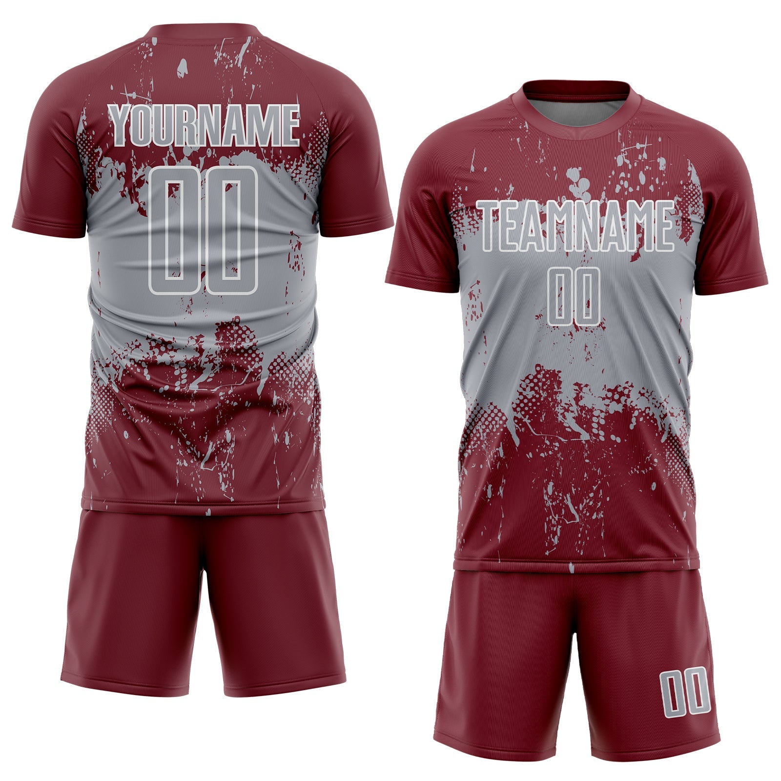 Custom Burgundy Gray-White Abstract Splatter Grunge Art Sports Sublimation Soccer Uniform Jersey