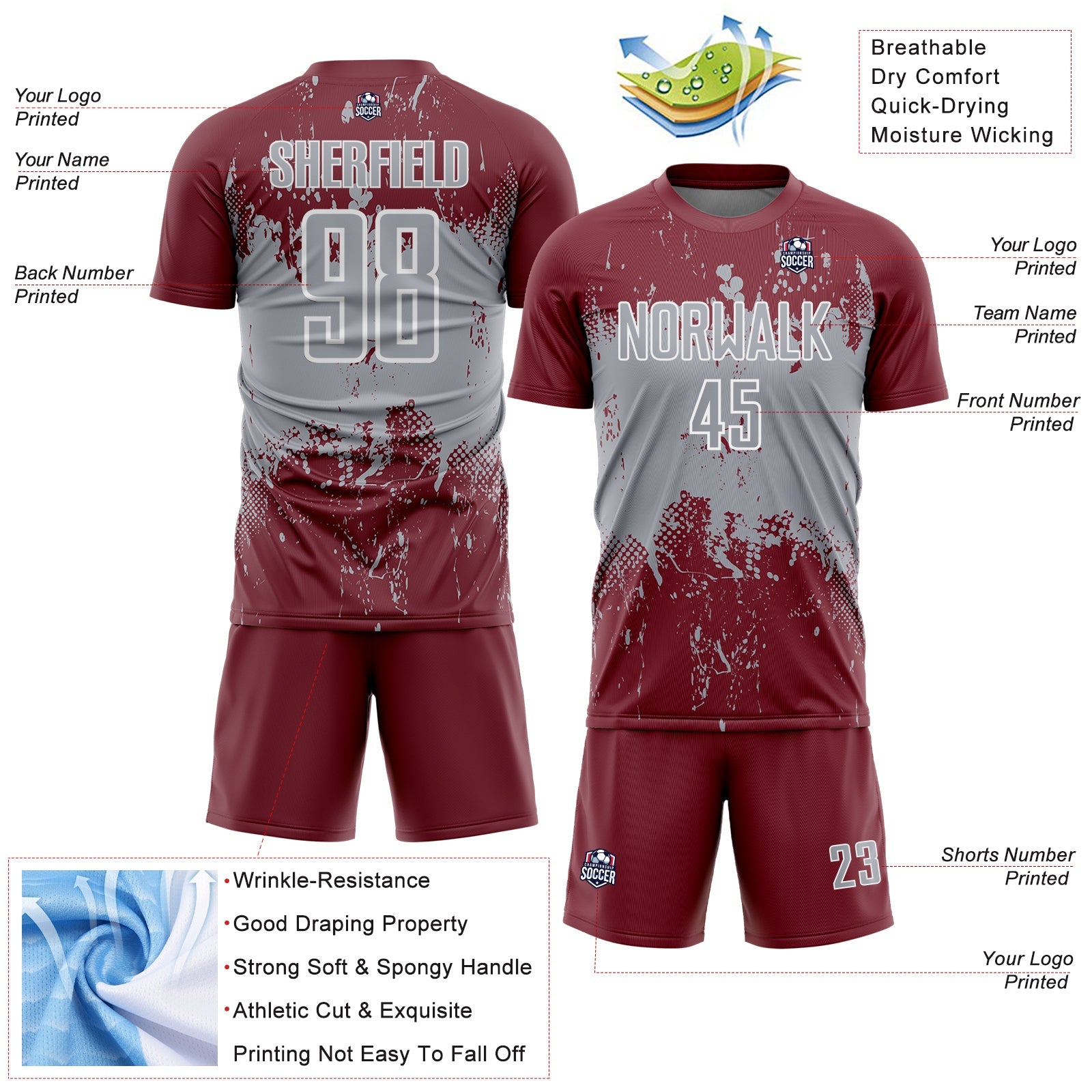 Custom Burgundy Gray-White Abstract Splatter Grunge Art Sports Sublimation Soccer Uniform Jersey