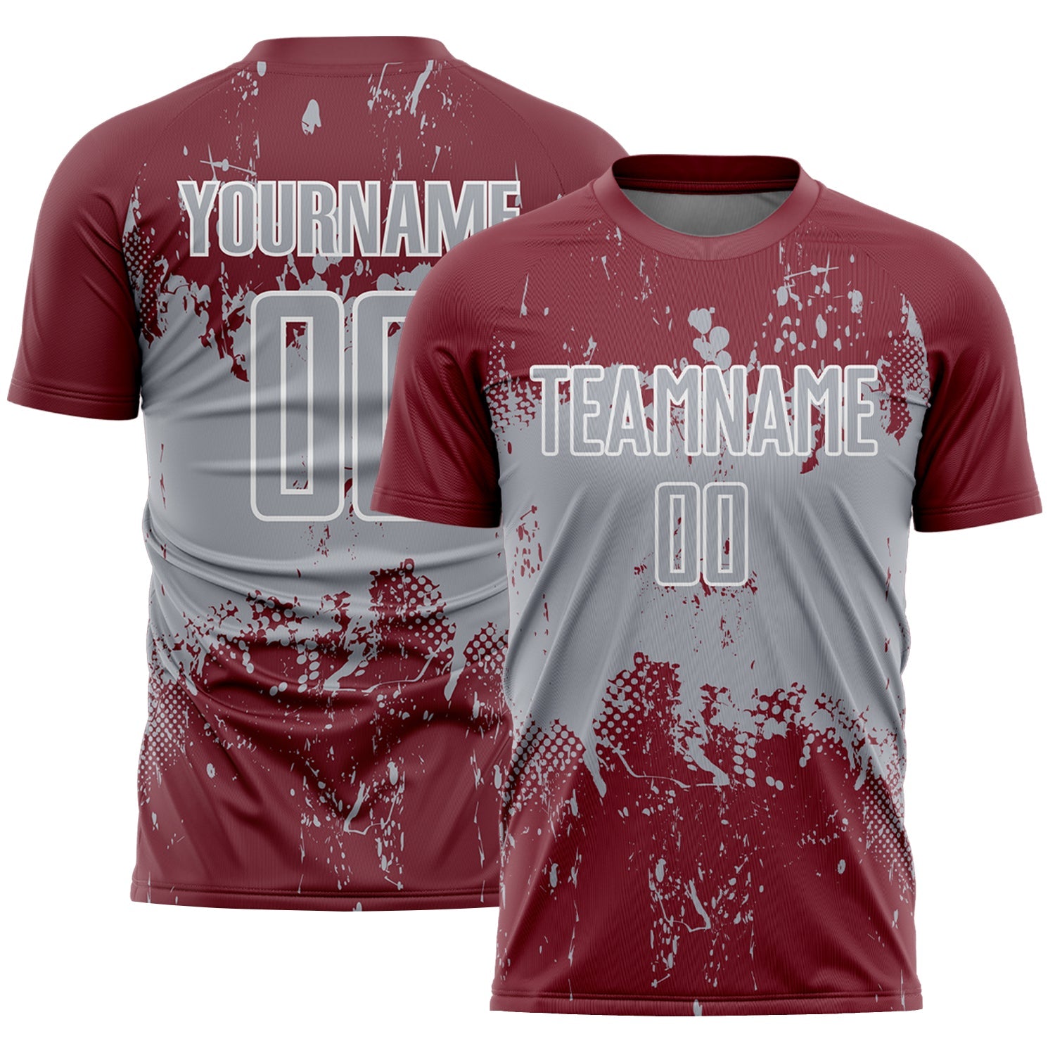 Custom Burgundy Gray-White Abstract Splatter Grunge Art Sports Sublimation Soccer Uniform Jersey