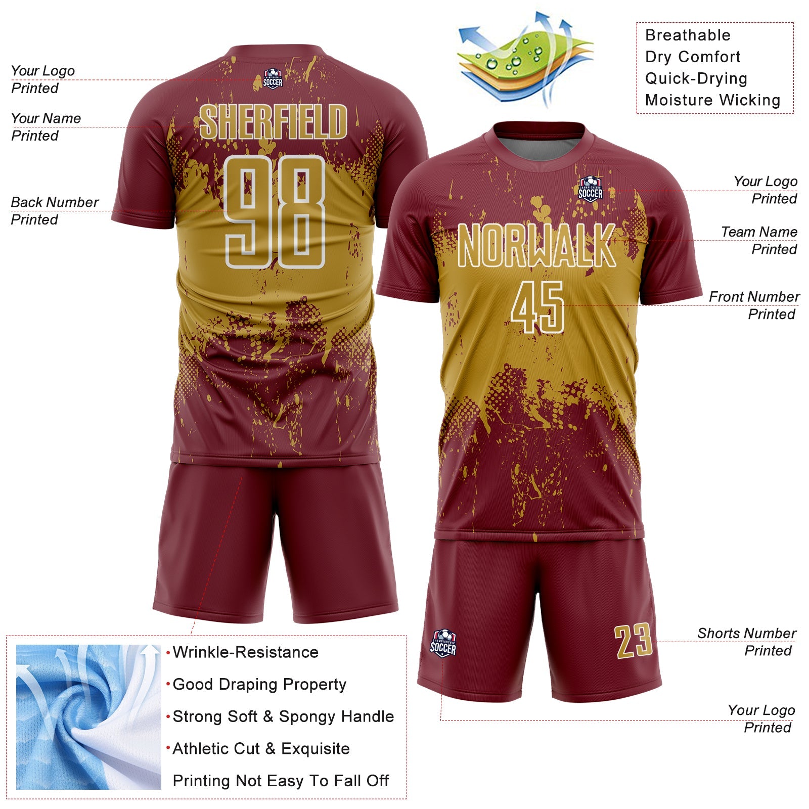 Custom Burgundy Old Gold-White Abstract Splatter Grunge Art Sports Sublimation Soccer Uniform Jersey