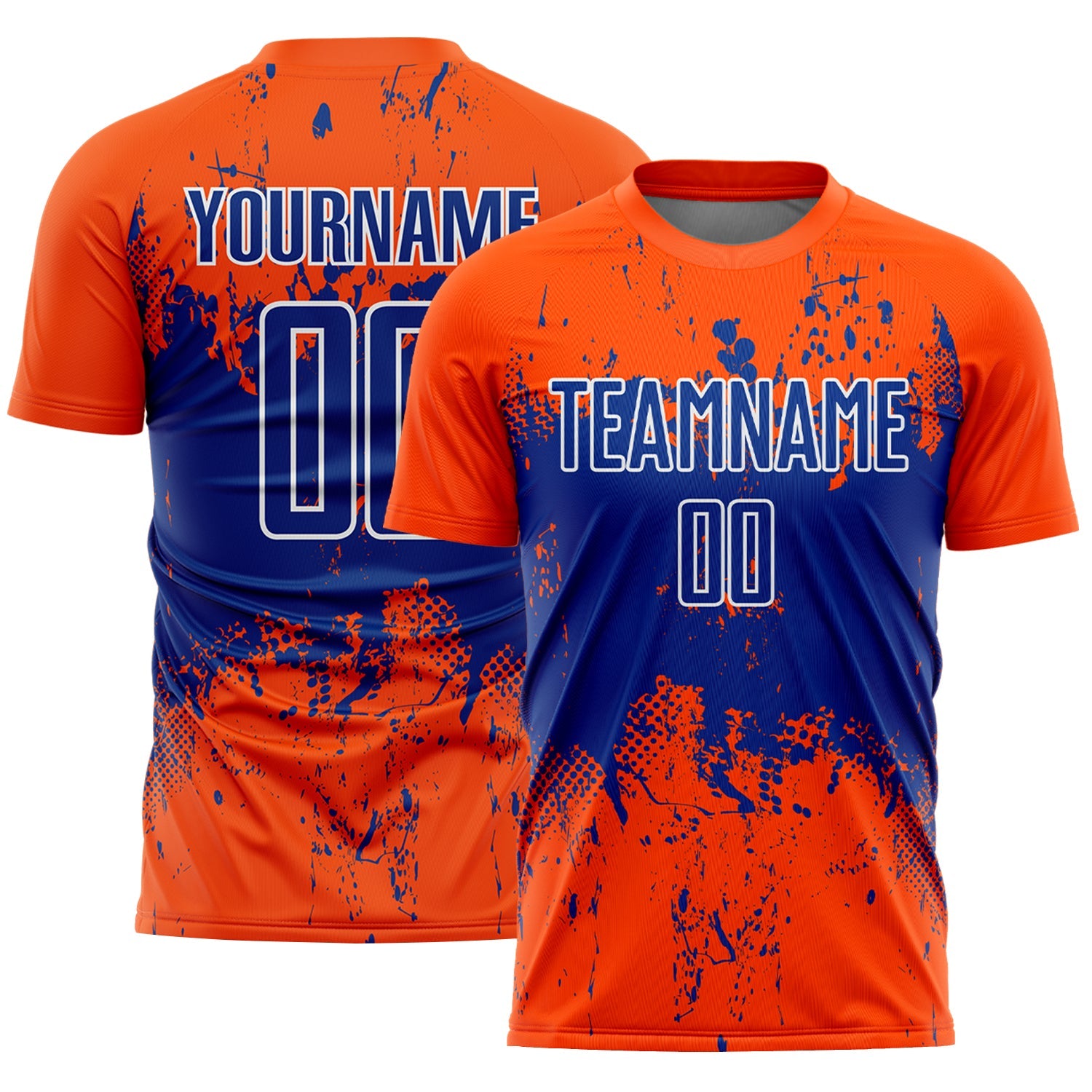 Custom Orange Royal-White Abstract Splatter Grunge Art Sports Sublimation Soccer Uniform Jersey