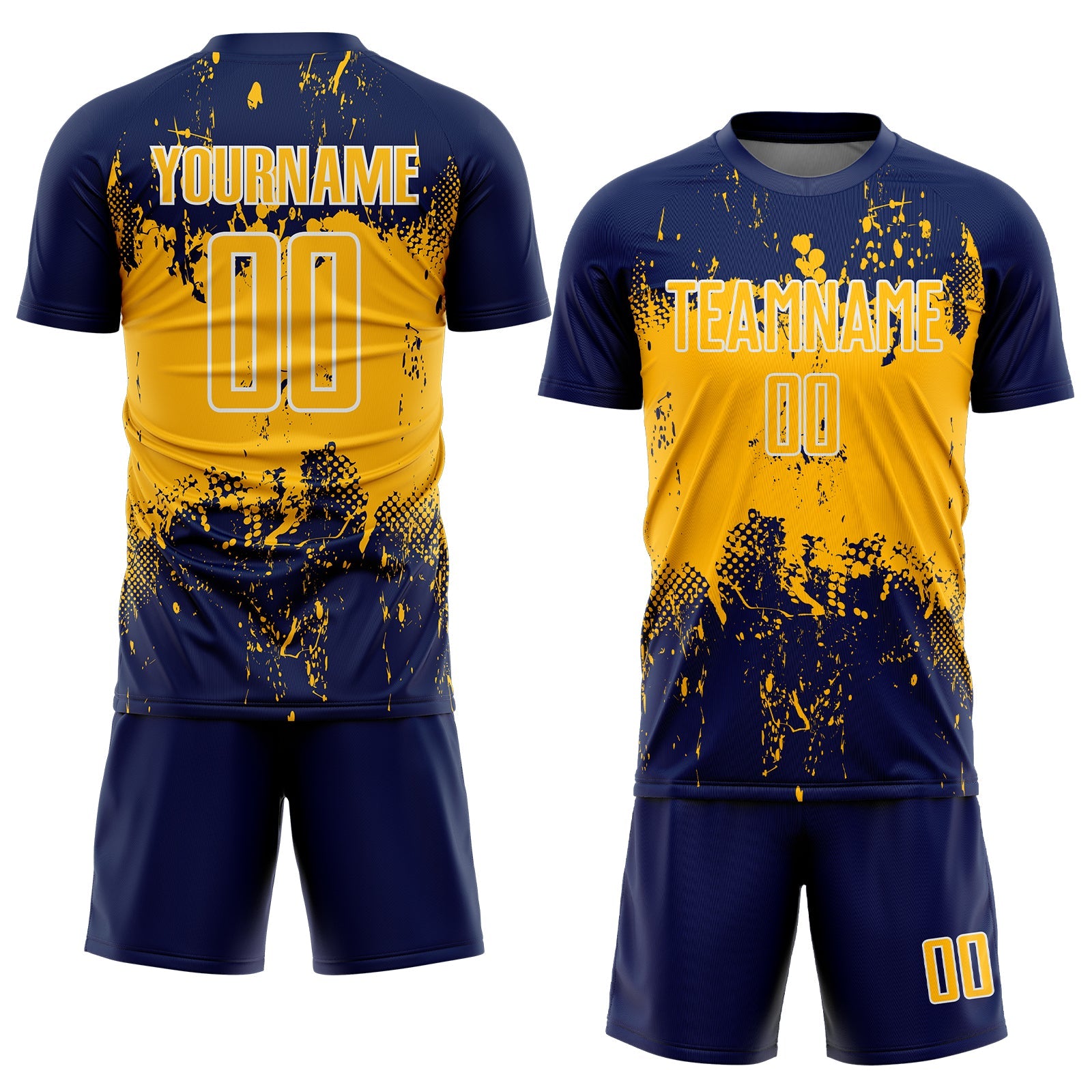 Custom Navy Gold-White Abstract Splatter Grunge Art Sports Sublimation Soccer Uniform Jersey