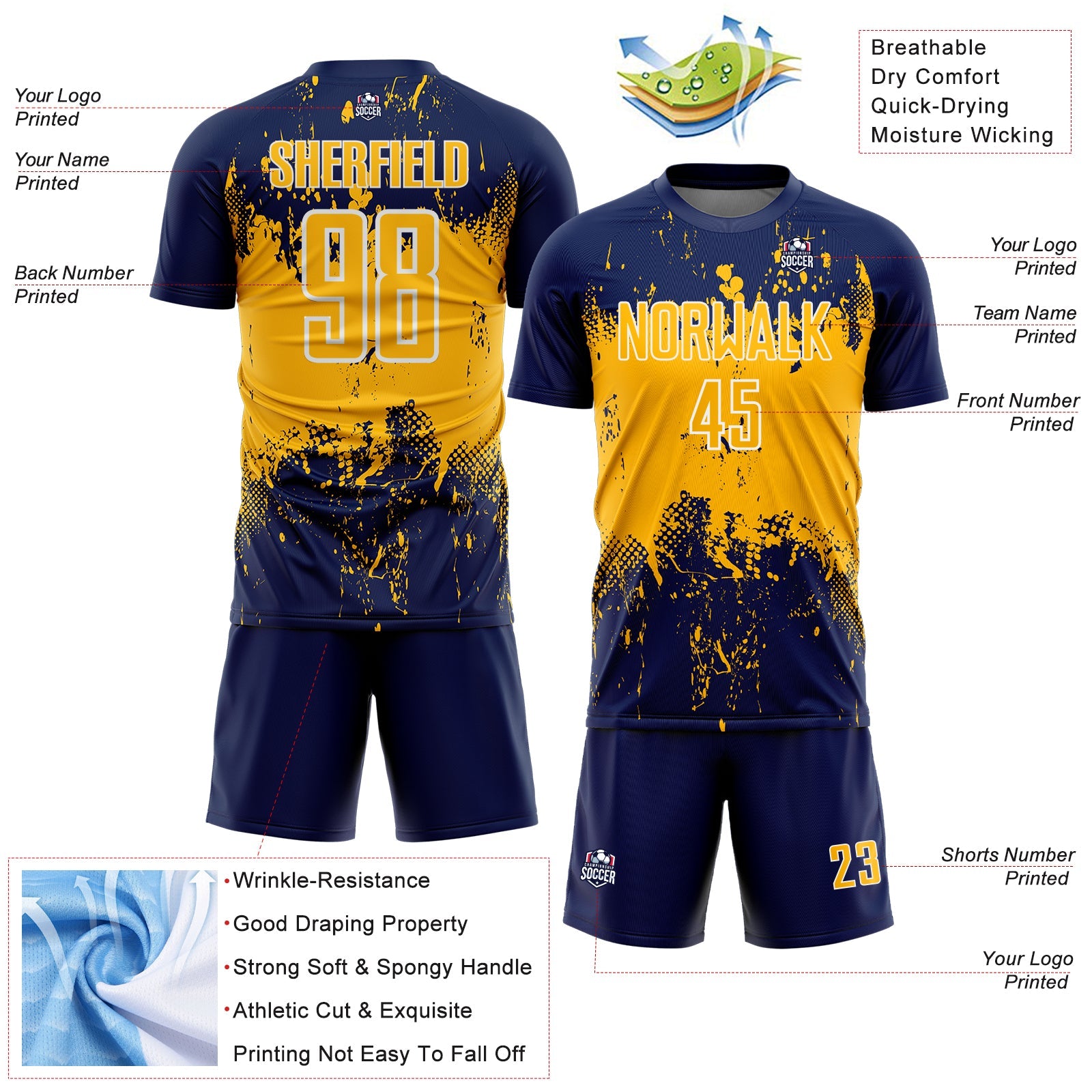 Custom Navy Gold-White Abstract Splatter Grunge Art Sports Sublimation Soccer Uniform Jersey