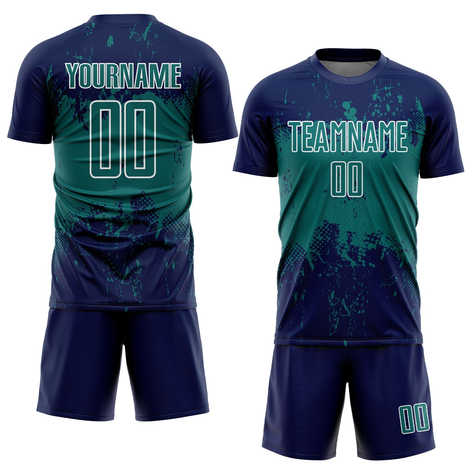 Custom Navy Teal-White Abstract Splatter Grunge Art Sports Sublimation Soccer Uniform Jersey