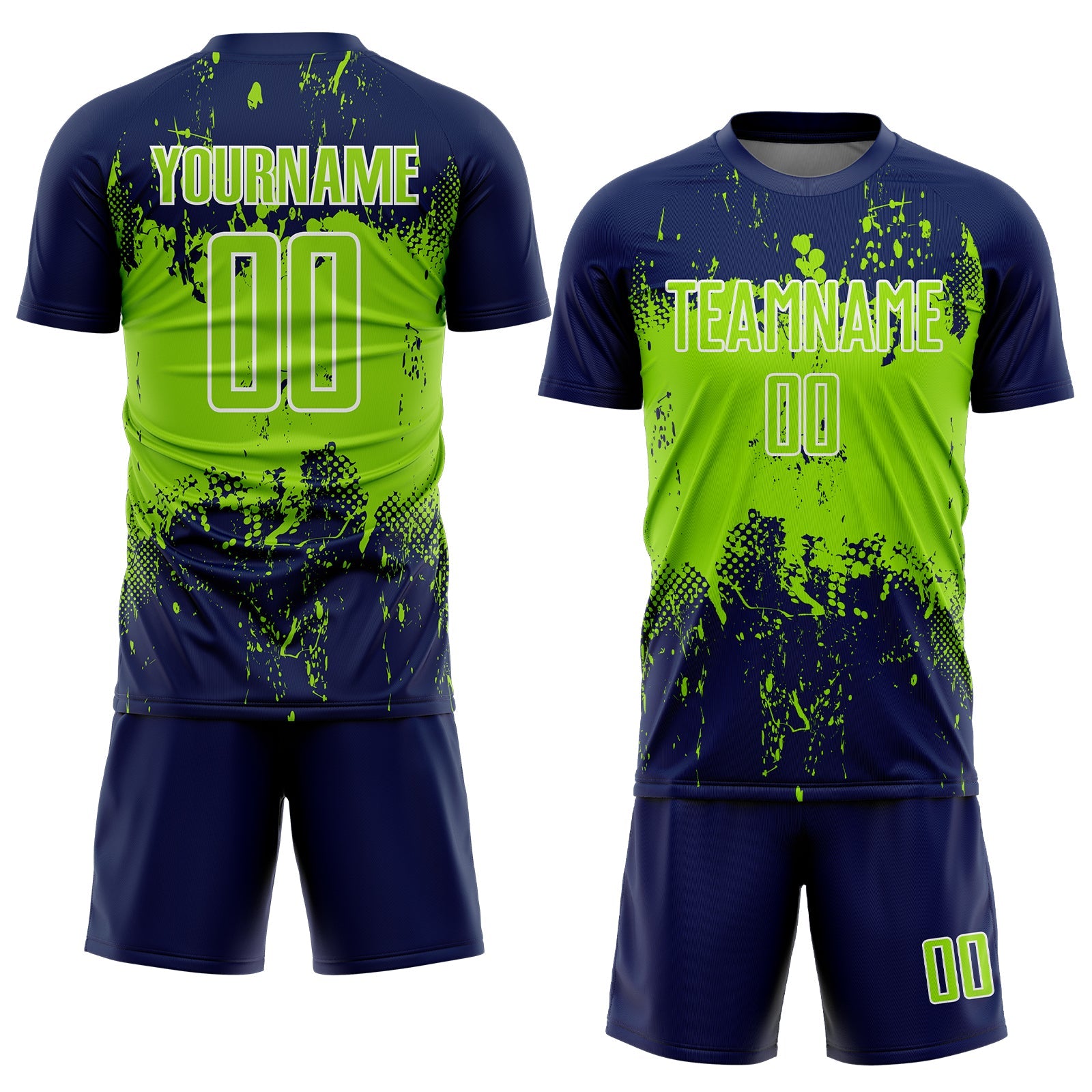 Custom Navy Neon Green-White Abstract Splatter Grunge Art Sports Sublimation Soccer Uniform Jersey