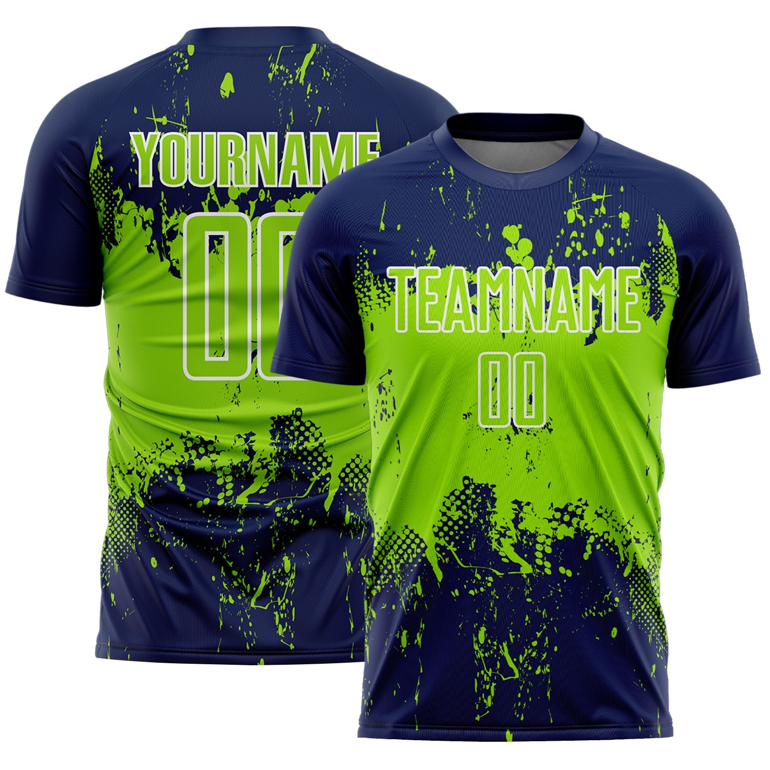 Custom Navy Neon Green-White Abstract Splatter Grunge Art Sports Sublimation Soccer Uniform Jersey