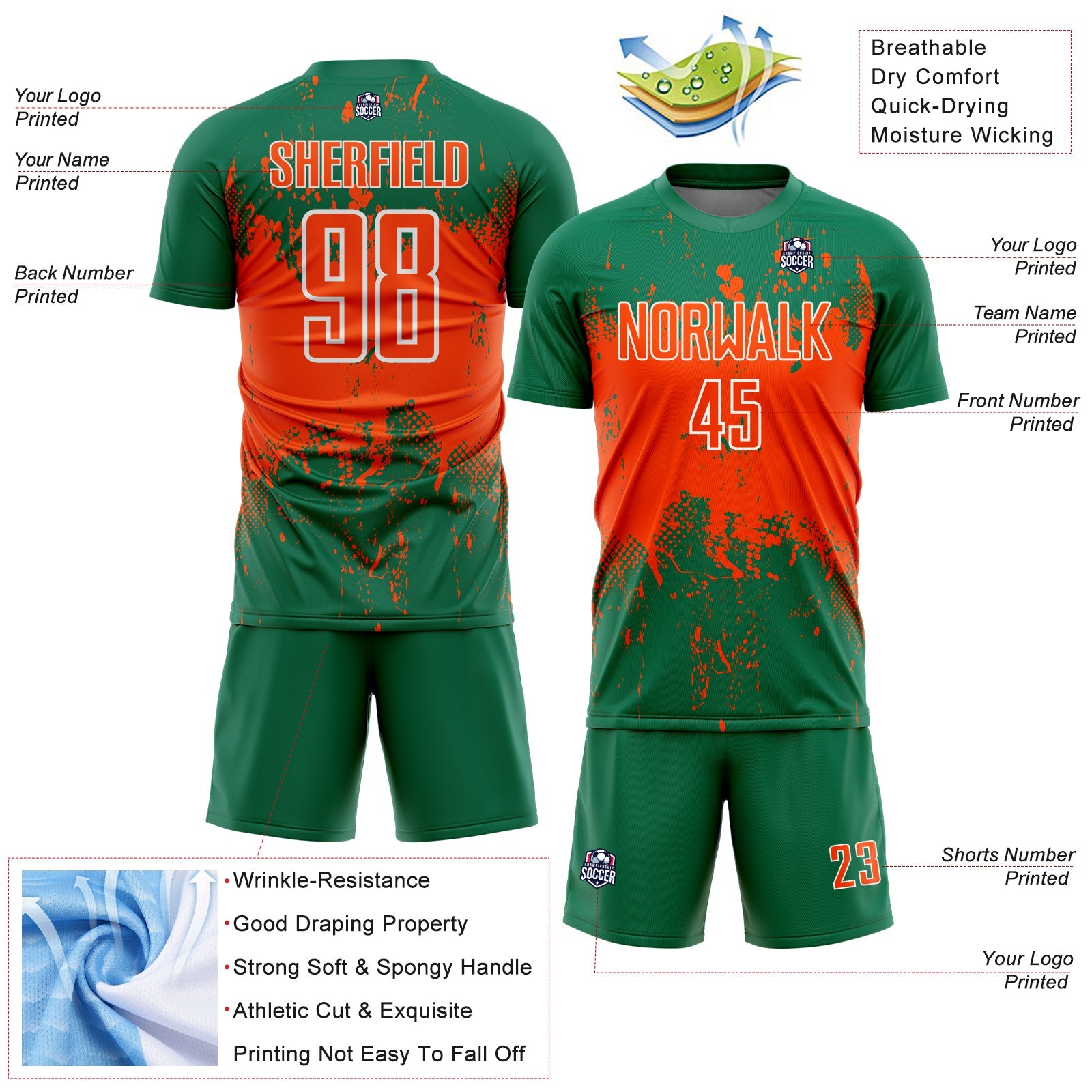 Custom Kelly Green Orange-White Abstract Splatter Grunge Art Sports Sublimation Soccer Uniform Jersey