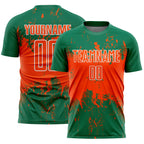 Custom Kelly Green Orange-White Abstract Splatter Grunge Art Sports Sublimation Soccer Uniform Jersey