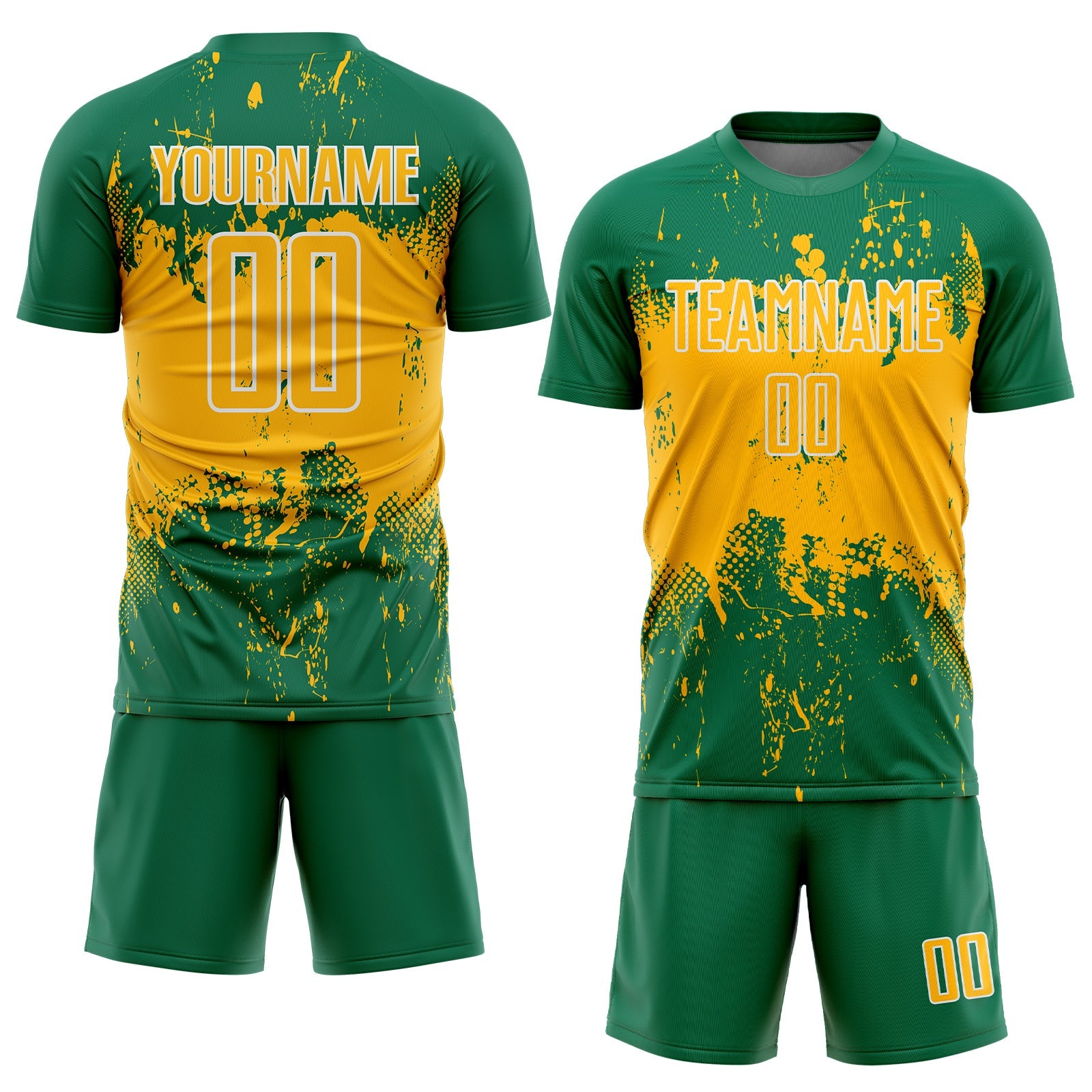 Custom Kelly Green Gold-White Abstract Splatter Grunge Art Sports Sublimation Soccer Uniform Jersey