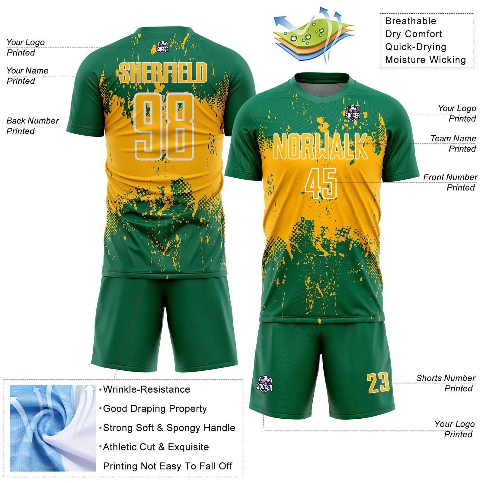 Custom Kelly Green Gold-White Abstract Splatter Grunge Art Sports Sublimation Soccer Uniform Jersey