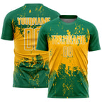 Custom Kelly Green Gold-White Abstract Splatter Grunge Art Sports Sublimation Soccer Uniform Jersey