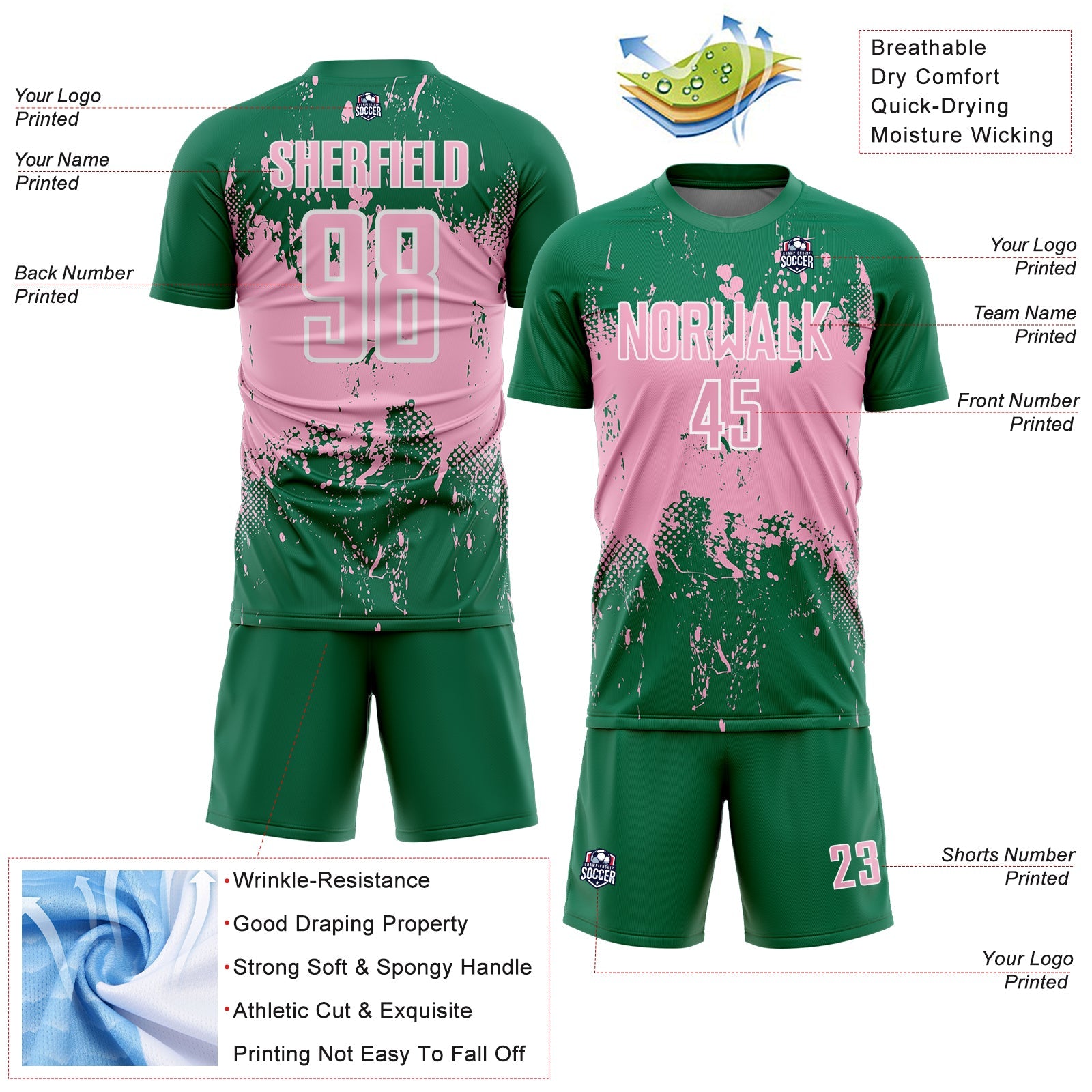 Custom Kelly Green Light Pink-White Abstract Splatter Grunge Art Sports Sublimation Soccer Uniform Jersey