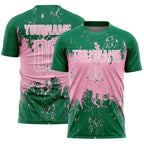 Custom Kelly Green Light Pink-White Abstract Splatter Grunge Art Sports Sublimation Soccer Uniform Jersey